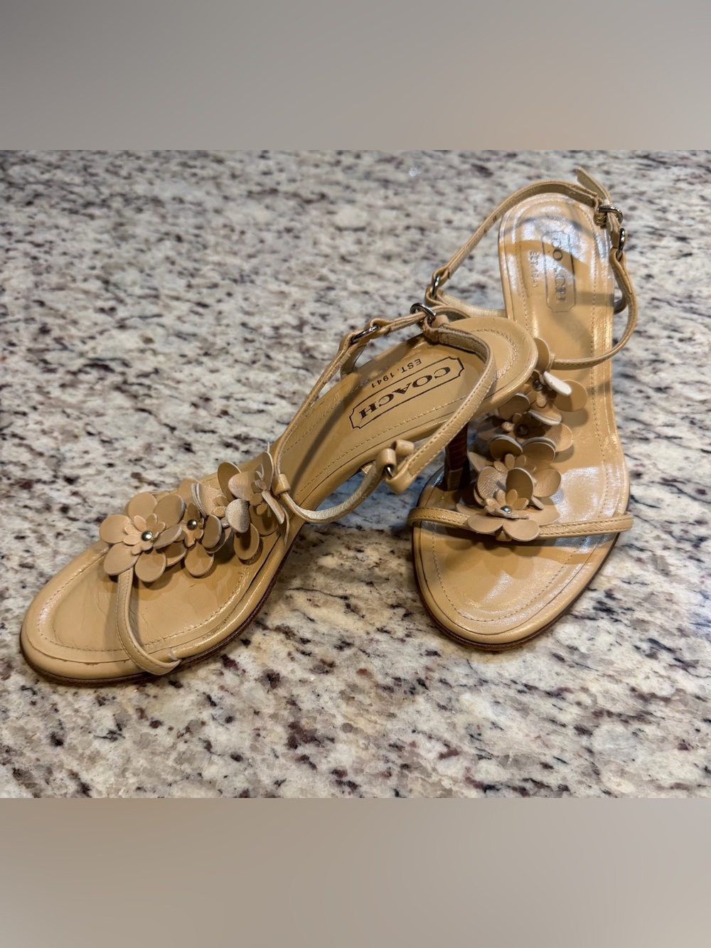 COACH Beige Floral T-Strap Leather Heels